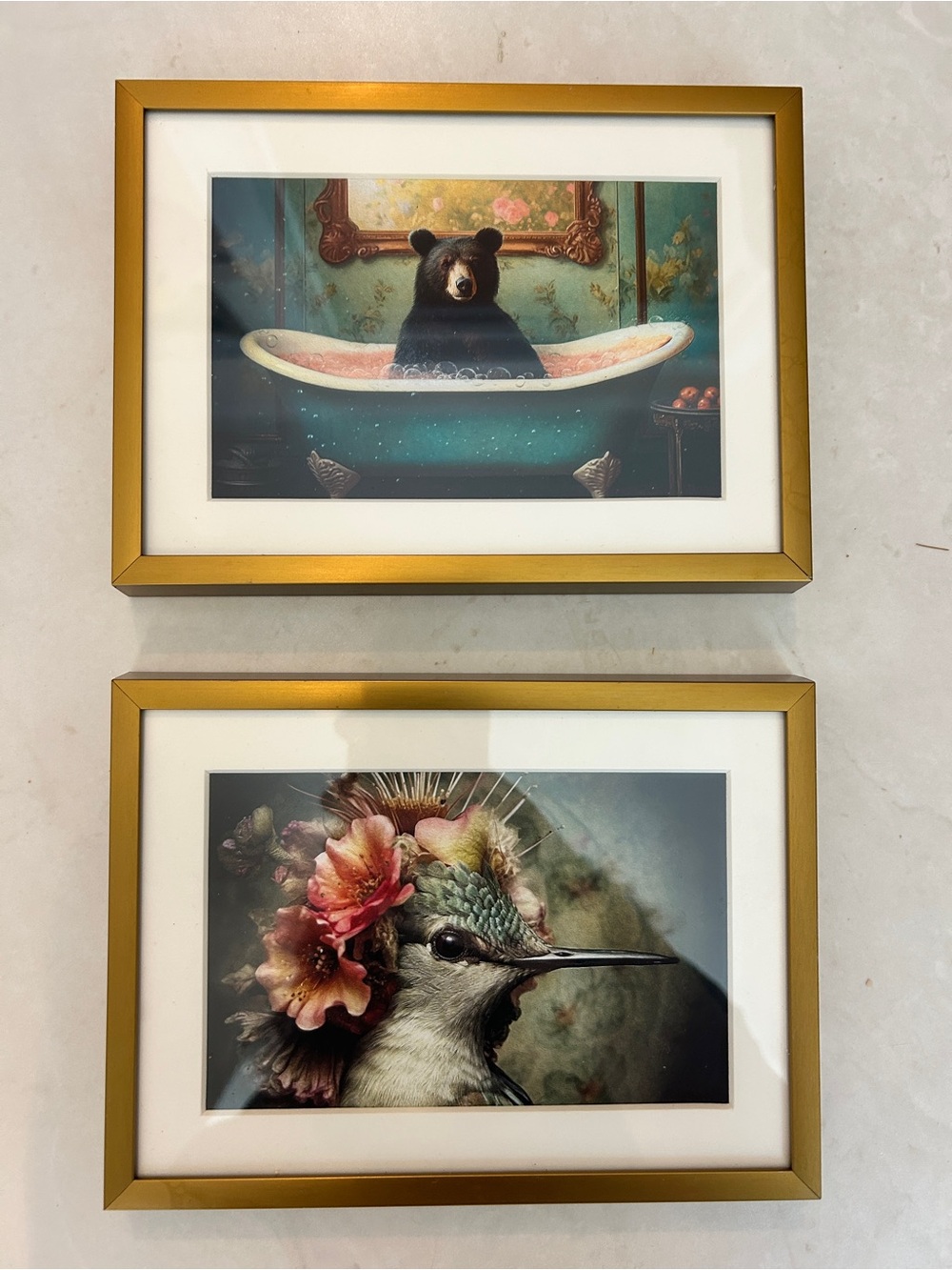 Gold Framed Bear & Hummingbird Wall Art Prints - Set of 2